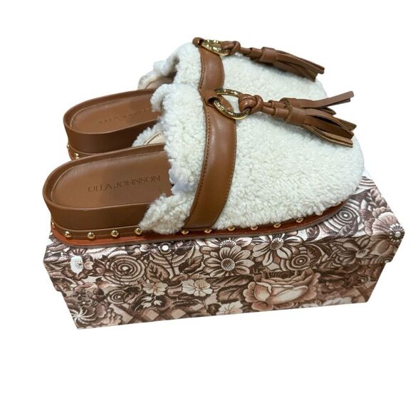 Revolve Ulla Johnson Ruby Shearling Leather Tassel Slide Mules in Cream Brown - Picture 6 of 10